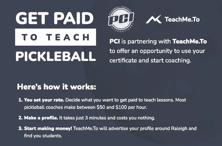 Promo banner 'GET PAID TO TEACH PICKLEBALL' — PCI partners with TeachMe.To; steps: set rate, make profile, get students