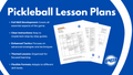 Banner showing headline 'Pickleball Lesson Plans' with five bullet benefits and a stack of sample lesson pages