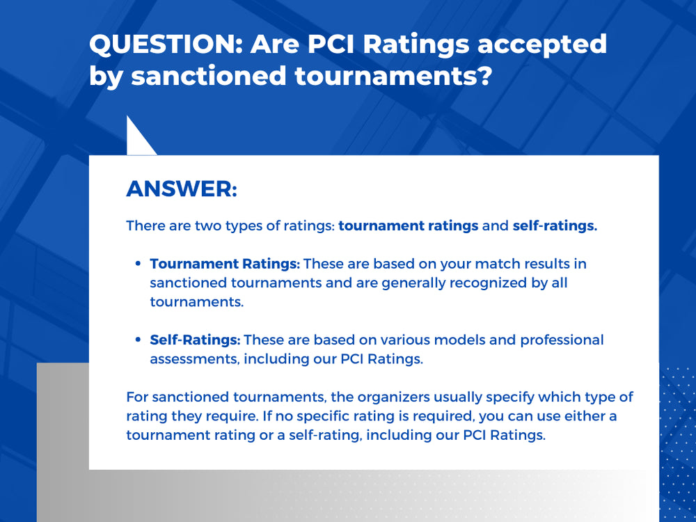 Text Q and A graphic showing that PCI Ratings may be tournament ratings or self ratings and organizers set which type to use