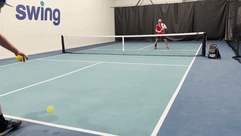 Player executing a drop volley off an incoming drive at the net on an indoor pickleball court
