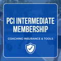 Promotional graphic showing PCI Intermediate Membership headline and Coaching Insurance & Tools with shield icon