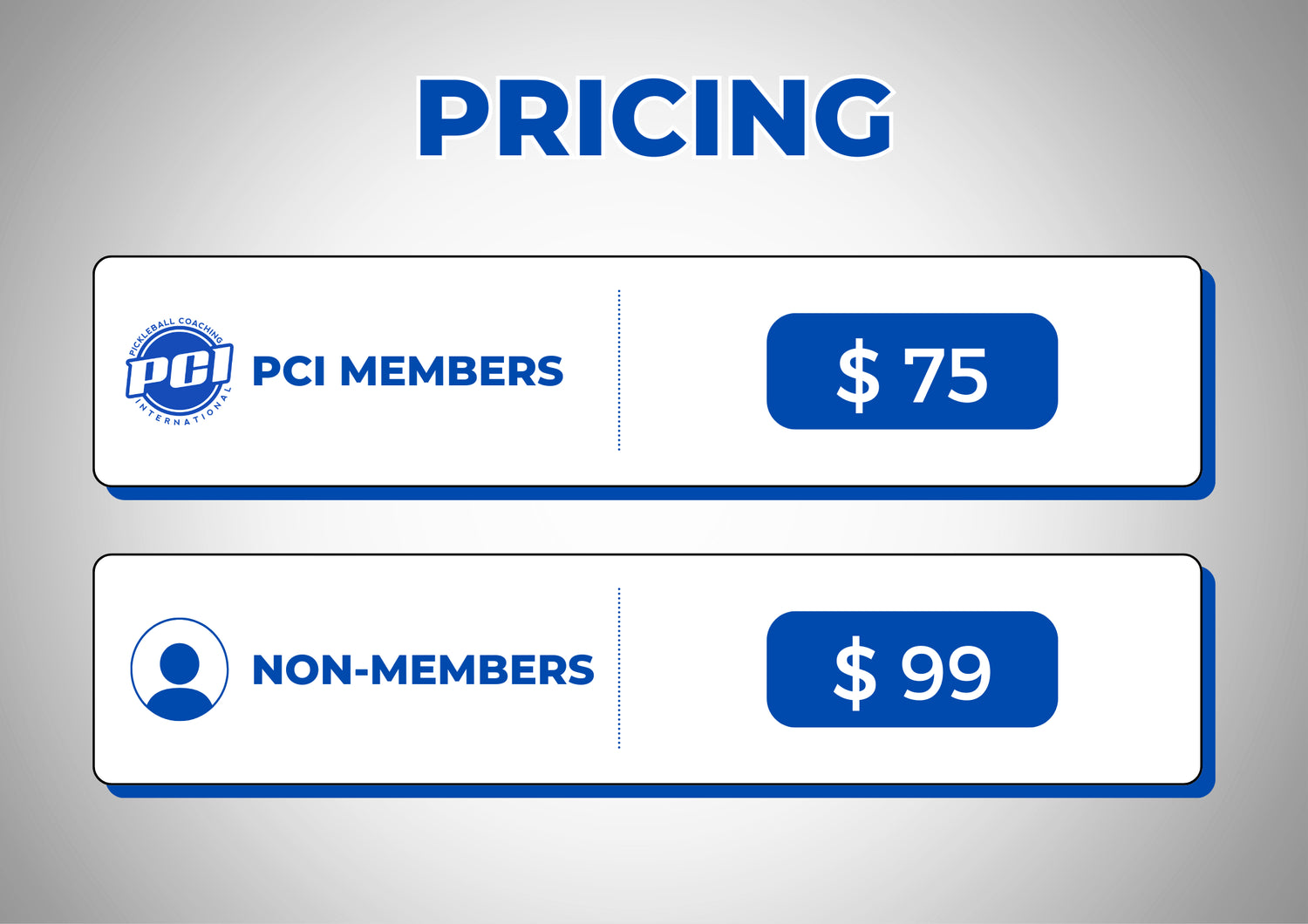 Pricing infographic showing PCI members price 75 dollars and non-members price 99 dollars