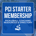 Square badge showing PCI Starter Membership and Pickleball Coaching Resources & Directory on a blue textured background with a small pickleball paddle and ball icon