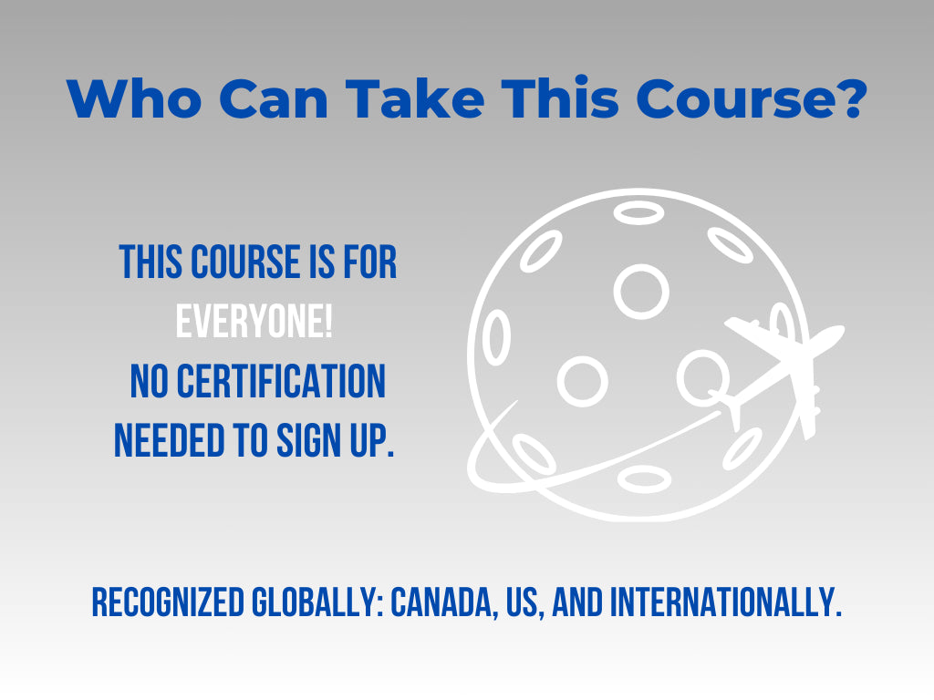 Banner infographic showing course eligibility: open to everyone, no certification needed, recognized globally